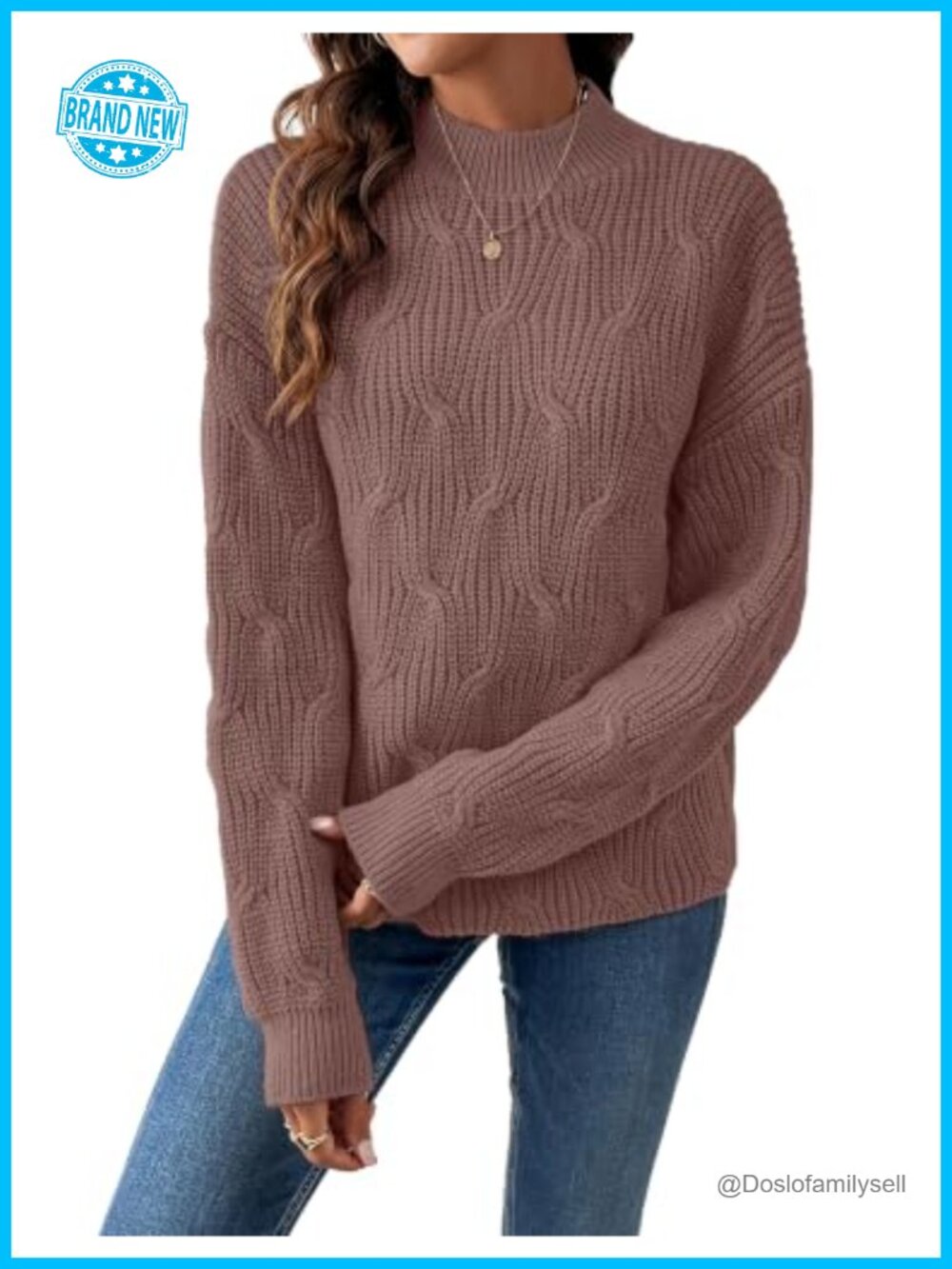 Oversized Cable Knit Mockneck Sweater Long Sleeve Chunky Pullover